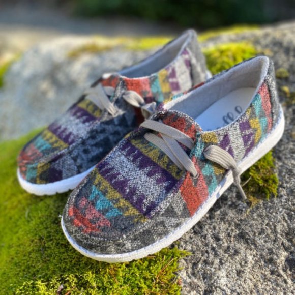 Gypsy Jazz Aaliyah Slip On Shoes in Grey Multi Aztec Print - Picture 2 of 3